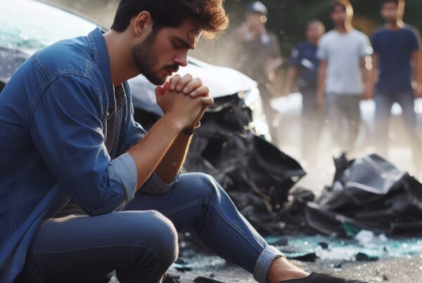 Contrate a un abogado especializado en accidentes de tráfico en Dallas. Una persona se sienta cerca de un accidente de tráfico, reflexionando y rezando entre los restos del accidente y los curiosos.