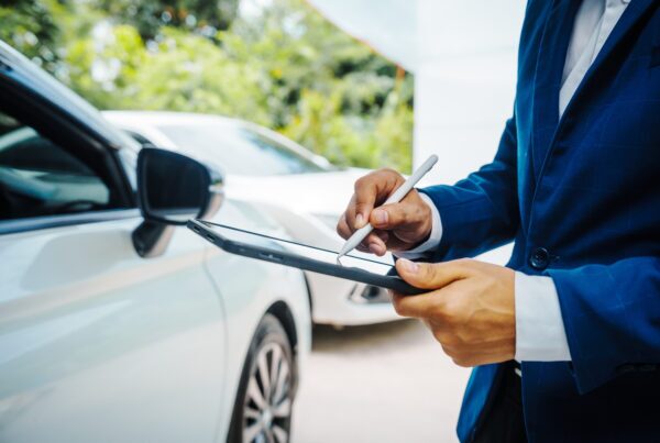 Preparing for Your Dallas Car Accident Lawyer Consultation. Businessman in suit and car auto insurance agent assess car damage, discussing deductible, claims, coverage options comprehensive and collision insurance, completing necessary forms and appraisals.